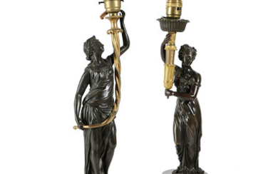 TWO FRENCH GILT AND PATINATED BRONZE FIGURAL TABLE LAMPS