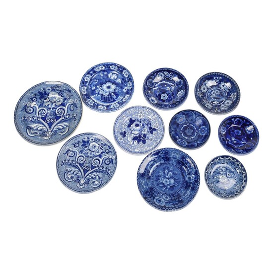 Ten Staffordshire Blue Transfer-Printed Saucers &