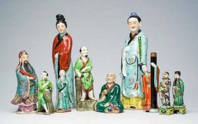 Ten various Chinese famille rose and verte sculptures, 19th/20th C..