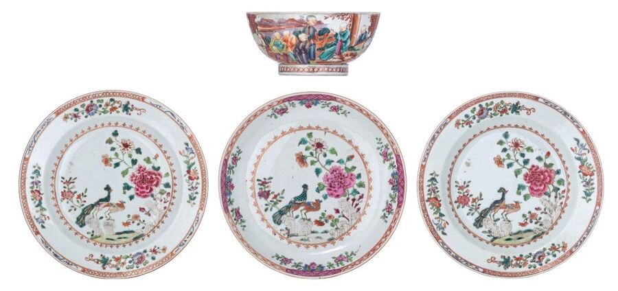 Three Chinese famille rose export porcelain dishes, decorated with a...
