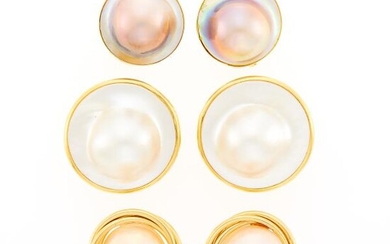 Three Pairs of Gold, Mabé and Blister Pearl Earrings