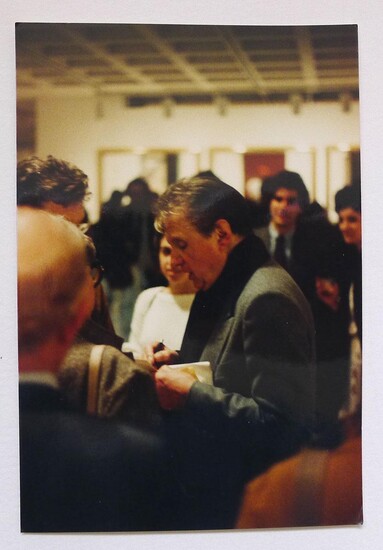 Three colour photographs of Francis Bacon at a gallery private view party circa 1980. Probably by John Edwards