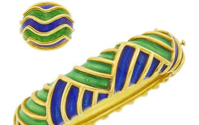 Tiffany & Co. Gold, Green and Blue Enamel Bangle Bracelet and Bombé Ring