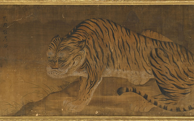 Tigre, grande peinture sur soie, Japon, probablement époque Edo, avec inscriptions, 181x88 cm (sans cadre) (dégâts et restaurations)