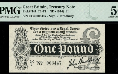 Treasury Series, John Bradbury, first issue £1, ND (7 August 1914), serial number CC/2 003447,...