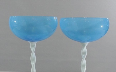 Two [2] Opalina Italian Glass Blue & White Compotes
