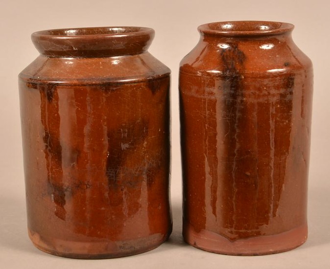Two Antique Mottle Glazed Redware Storage Jars.