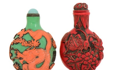Two Chinese Qing Dynasty Cinnabar & Carved Glass Snuff Bottles, Qianlong Period