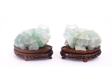 Two Chinese carved green fluorite models of recumbent buffal...