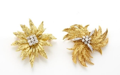 Two Gold and Diamond Flower Brooches