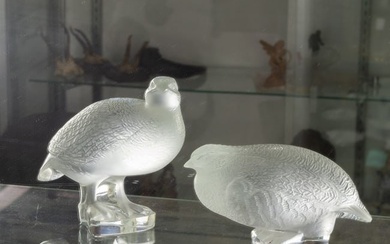 Two Lalique glass models of partridges, each with engraved signature, greatest 5
