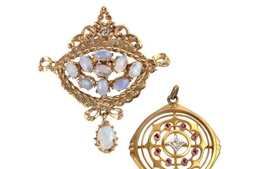 Two Opal, Diamond, Ruby, 14k Gold Pendant Brooches.