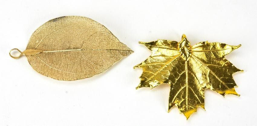 Two Vintage Gold Plated Leaf Necklace Pendants