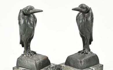 Two antique bookends with caribus on marble base. Signed vd Voorde. Circa 1920. Size: 22...