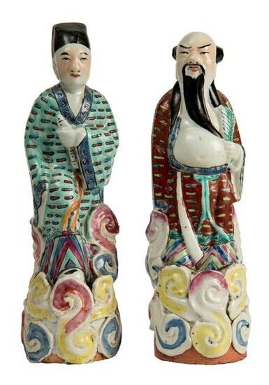 Two immortals, Chinese porcelain glazed figurines.