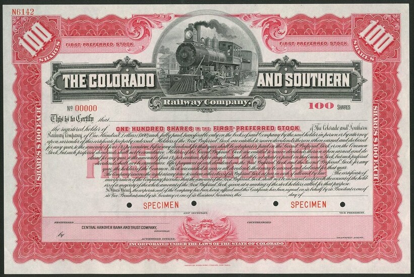 U.S.A.: Colorado and Southern Railway Company, a specimen certificate for 100 shares of first p...