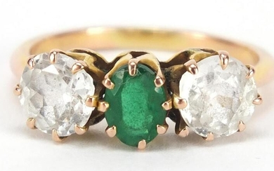 Unmarked gold green stone and clear sapphire ring, size
