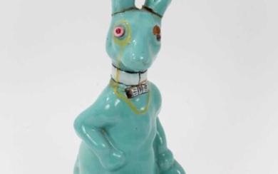 Unusual pottery figure, possibly of the March Hare, in a Galle style turquoise glaze, 27cm height
