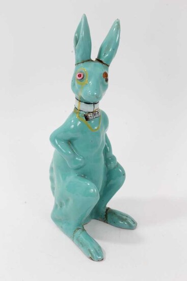 Unusual pottery figure, possibly of the March Hare, in a Galle style turquoise glaze, 27cm height