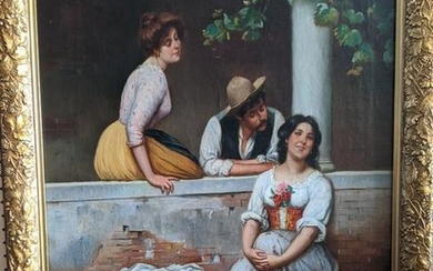 V Marsano Italy Girl on Bench Oil Painting