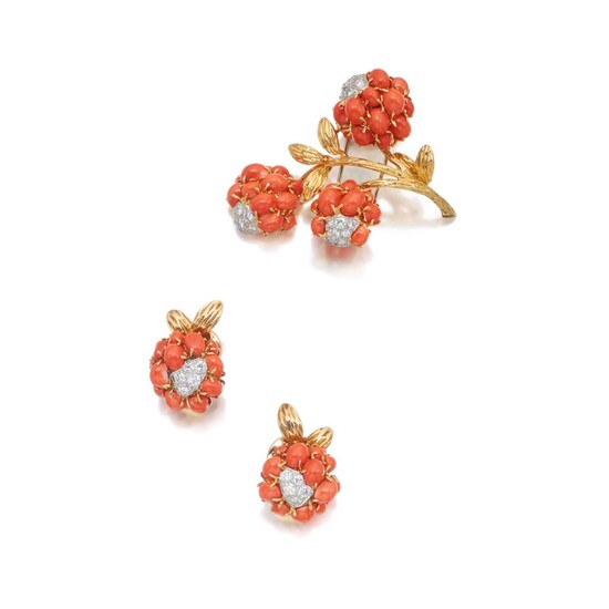 Van Cleef & Arpels | Pair of Coral and Diamond Earclips and 'Three Flowers' Clip-Brooch