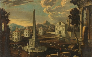 Veduta ideale di città con obelisco, piramide e rovine archeologiche, Scuola fiamminga del XVIII secolo