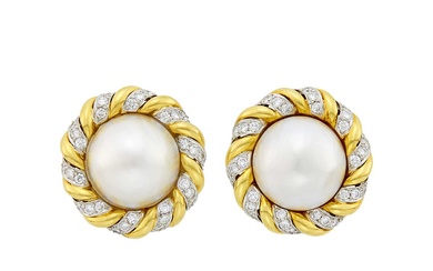 Verdura Pair of Gold, Mabé Pearl and Diamond Earclips