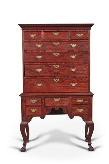 Very Fine and Rare Queen Anne Carved and Highly Figured Mahogany High Chest of Drawers, Attributed to the 'Irish Shop', Philadelphia, Pennsylvania, Circa 1750