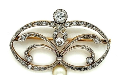 Victorian 18K Yellow Gold Natural Pearl & Diamond Brooch