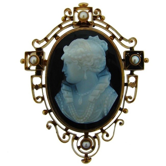 Victorian Agate Cameo Pearl Yellow Gold Pin Brooch Pendant