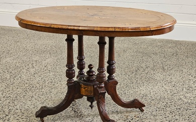 Victorian burr walnut oval loo table with inlay on birdcage base (69 x 102 x 60cm)