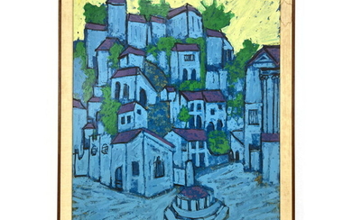Village Landscape Painting. "Blue Piazza" on Masonite. KARL MANN Assoc