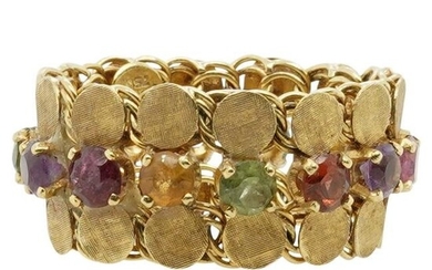 Vintage 18k Gold Link Ring Semi W/ Precious Stones