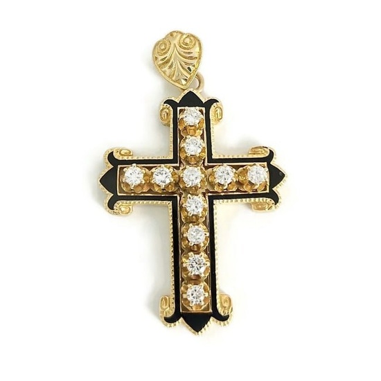Vintage Diamond Black Enamel Cross Necklace Pendant 14K Yellow Gold, 15.36 Grams