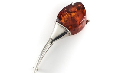 Vintage Sterling Silver Cognac Baltic Amber Modernist Flower Brooch large stone