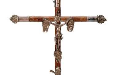 Vintage Wood and Silver Metal Hanging Crucifix.