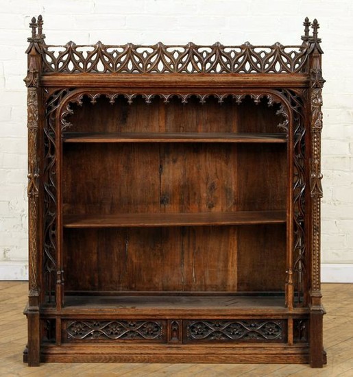 WALL HUNG GOTHIC STYLE CARVED OAK DISPLAY CASE