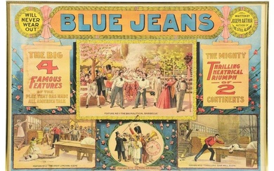 WILL NEVER WEAR OUT BLUE JEANS FRAMED PAPER LITHOGRAPH.