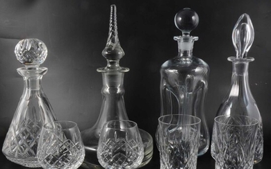 Webb crystal mallet shaped decanter, 31cm; other decanters; and table glassware.