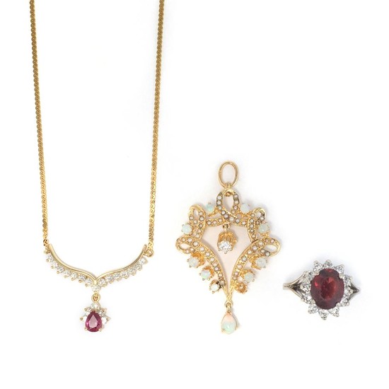 White Gold, Garnet and Diamond Ring, Gold, Pink Tourmaline and Diamond Pendant-Necklace and Gold and Opal Pendant-Brooch