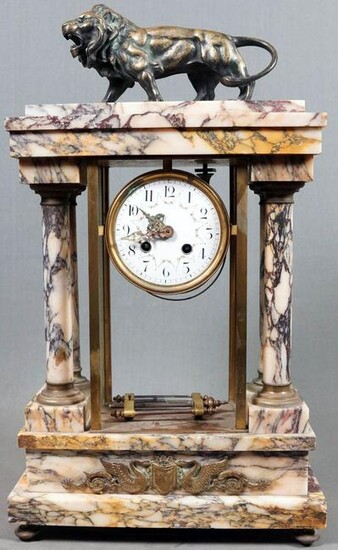 White Marble Mantle Clock With Bronze Lion