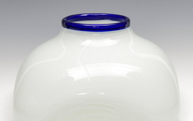 White glass table lamp with blue glass rim, design Ettore...