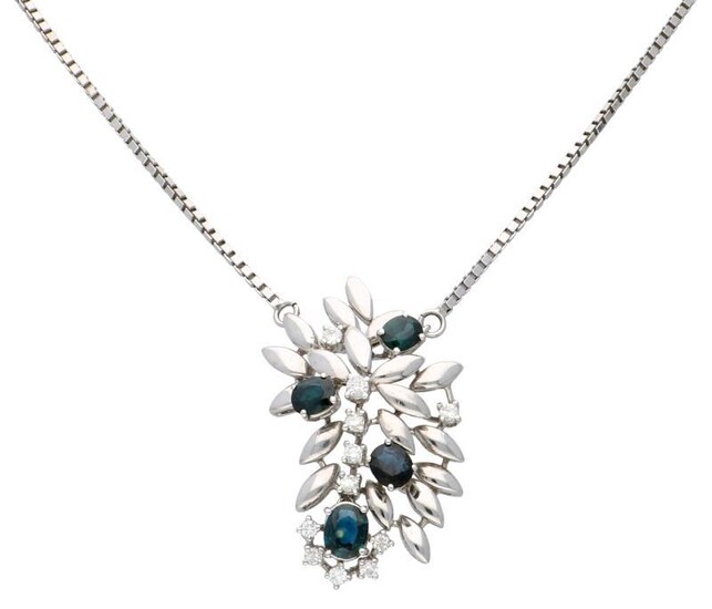 White gold venetian link necklace with pendant, with approx. 0.29 ct diamond and natural sapphire - 18 ct.