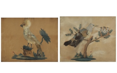 Wilhelm Kiebitz: Landscapes with birds on tree stump and by a bird nest. Feather and watercolour at paper. Visible size 21×27 and 22×27 cm. (2)