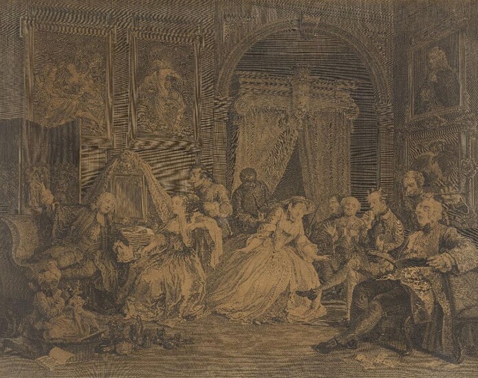 William Hogarth, FRSA, British 1697-1764- Marriage Ã -la-Mode; the complete set of six engravings on laid paper laid down on canvas, 1745, published by W. Hogarth, London, engraved by Baron, Ravenet and Scotin, with narrative descriptions attached...