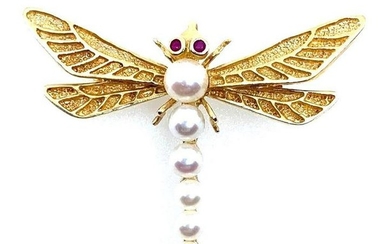 14K Yellow Gold Pearl and Ruby Dragonfly Brooch