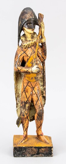 Wooden figure of a harlequin with lute, painted wooden figure on a rectangular plinth, unsigned, ber., H. 42 cm