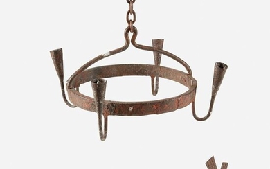 Wrought iron hanging candelabra and three betty hooks