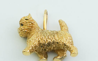 YELLOW GOLD PENDANT SCULPTED AS WALKING TERRIER WITH TINY ROUND...