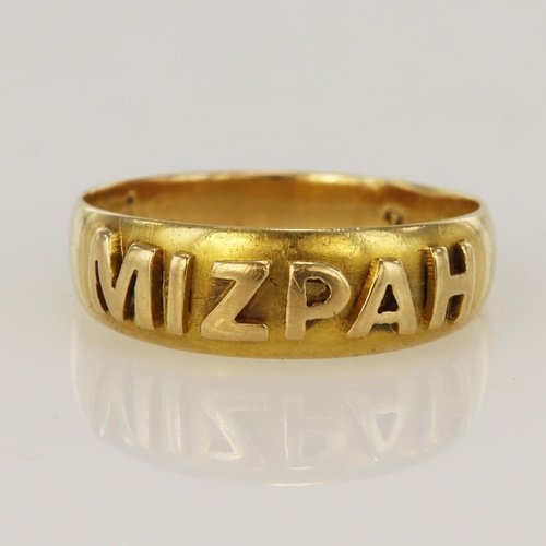 Yellow gold (tests 15ct) antique MIZPAH ring, head width 5.5...